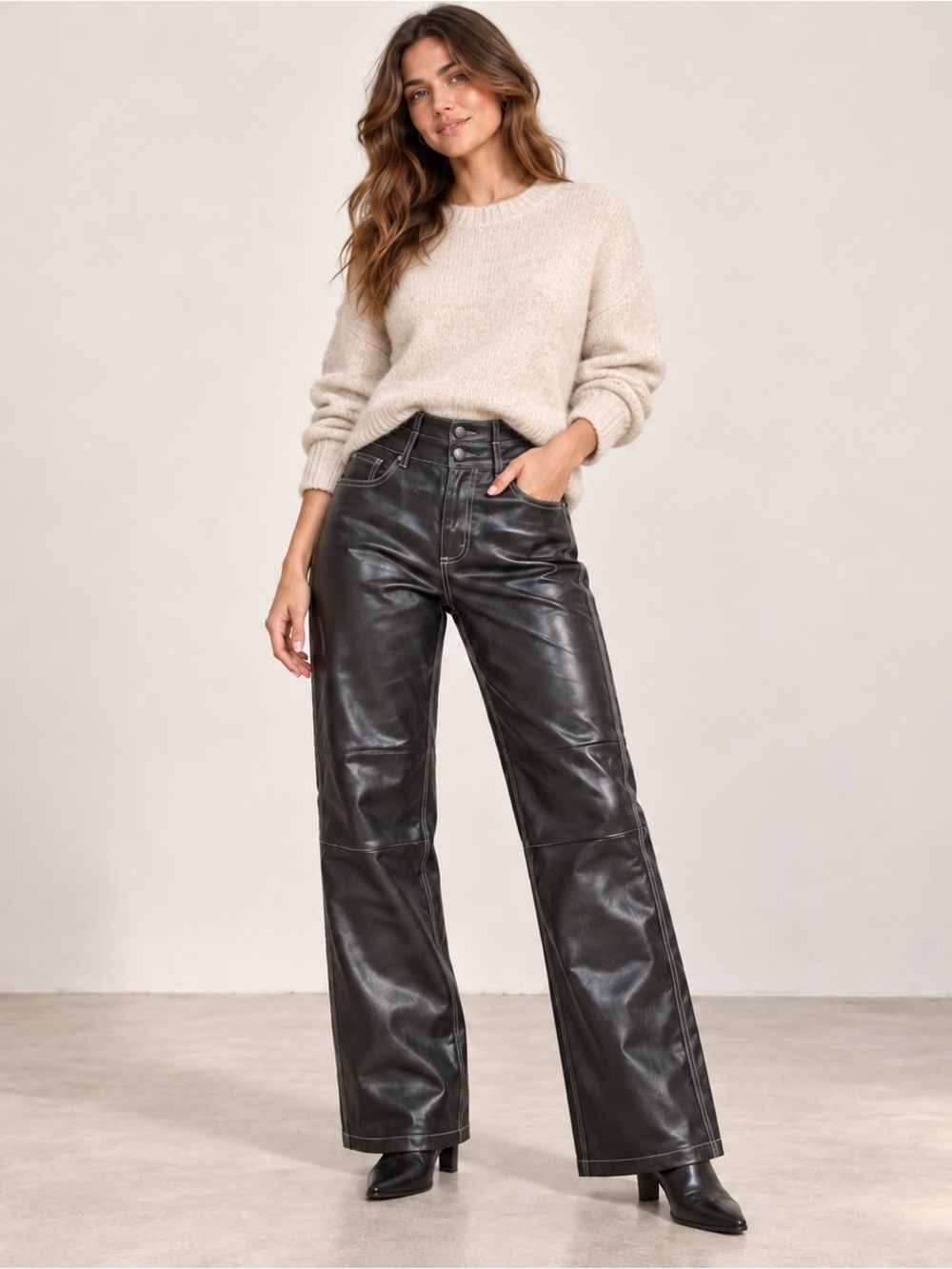 High-Rise Black Faux Leather Wide-Leg Pants — Women's